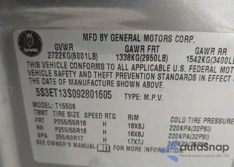 2009 Saab 9-7X 4.2I из США, поврежденный, VIN 5S3ET13S092801605